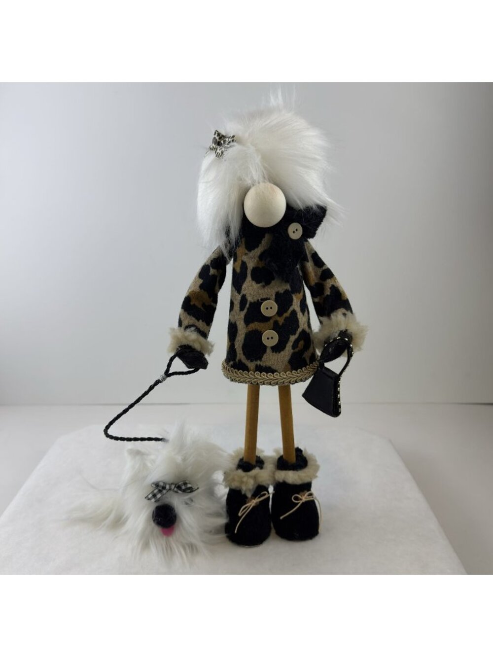 Handcrafted Wooden Lady Gnome with Matching Dog Figurine 15" Tall Leopard Print
